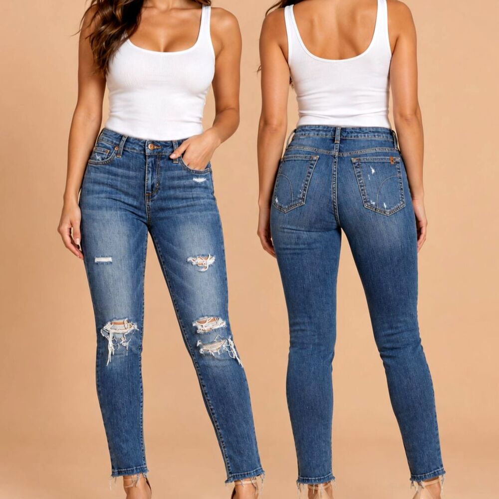 Joe’s Jeans Distressed Mid Rise Jeans Medium Blue Denim Raw Hem